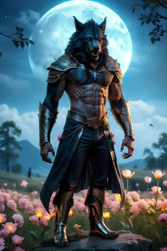 A muscular werewolf from the game "Dragon Age: Origins" that is tall, thin, black, fur covered, and with digitigrade legs wearing only pteruges. 
The werewolf stands on its digitigrade legs with a ver