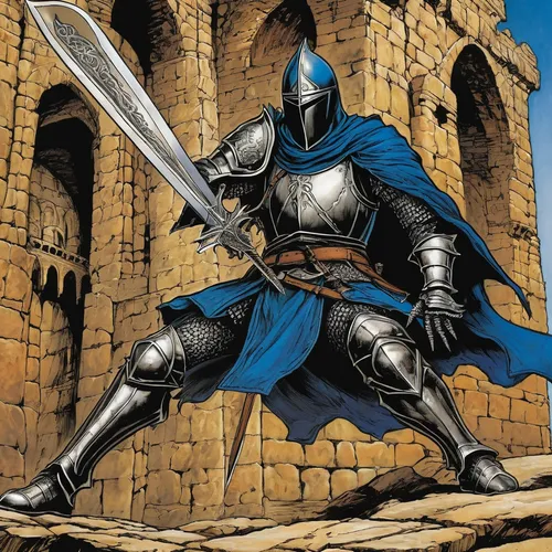 crusader,wall,iron mask hero,knight armor,castleguard,knight,cleanup,swordsman,shredder,centurion,medieval,heroic fantasy,swordsmen,cent,armored,destroy,paladin,morbier,hooded man,cartoon ninja,Illustration,Retro,Retro 06