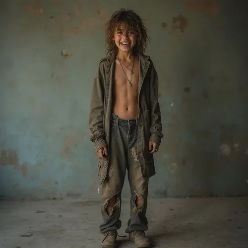 A poor quality photo of a beautiful smiling homeless model with torn and dirty clothes, dirty teeth, messy hair,a shirtless young man in a large room with peeling paint,mccurry,warchild,aeta,pakistani