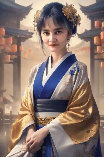 Portrait of a beautiful  Geisha  female  in her mid 20's  wearing a kimono in a royal blue background, sf, intricate artwork masterpiece, ominous, matte painting movie poster, golden ratio, trending o