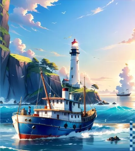 a fishing ship moves toward the lighthouse in the distance,the boat is sailing near the lighthouse,cartoon video game background,sea fantasy,ocean background,schoolship,yamatai,fishing boat,Anime,Anim