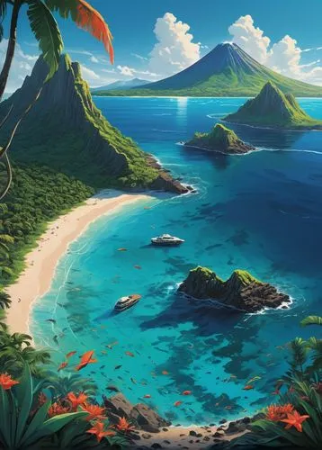 tropical sea,an island far away landscape,lanikai,ocean paradise,polynesia,tropical island,tropical beach,tahiti,islands,ocean background,hawai,mountain beach,fiji,hoenn,island,beach landscape,coastal landscape,kei islands,oahu,lanai,Conceptual Art,Fantasy,Fantasy 32