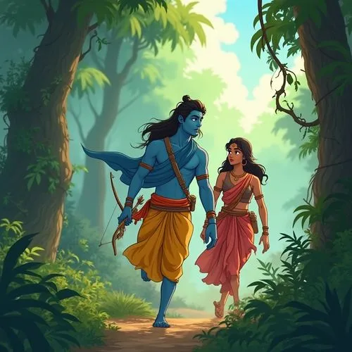 “Create an animated illustration of Lord Rama, Lakshmana, and Princess Sita as they journey into the jungle. Rama, with blue skin, is dressed in a yellow dhoti and blue shawl, holding a small bow and 