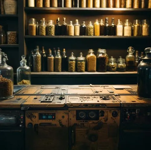 pub bar apothecary, different size jars and bottles filled with strange dried food, old mugs and tankards,apothecary,vintage kitchen,workbench,bannack assay office,kitchen shop,steamer trunk,assay off