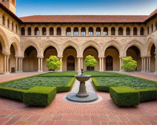 Stanford University, main quad, California mission style, Romanesque arches, sandstone walls, red-tiled roofs, sprawling lawn, sun-drenched walkways, mature trees, blooming flowers, vibrant greenery, 