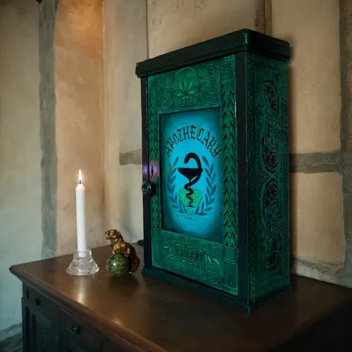 Деревянный шкафчик в старинном замке,an ornate looking lit up box sitting on top of a dresser,magic grimoire,spellbook,grimoire,hyrule,stargates,rupees