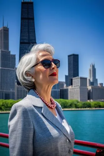 Chicago Architecture Center River Cruise, daytime, sunny weather, clear blue sky, aboard Chicago's First Lady cruise ship, mature lady tour guide, short grey hair, elegant red lipstick, pearl necklace