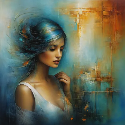 mystical portrait of a girl,transistor,blue painting,boho art,oil painting on canvas,art painting,fantasy art,fantasy portrait,woman thinking,world digital painting,jasmine blue,italian painter,romantic portrait,blue enchantress,blue rose,young woman,fineart,oil painting,shades of blue,watercolor blue,Conceptual Art,Daily,Daily 32