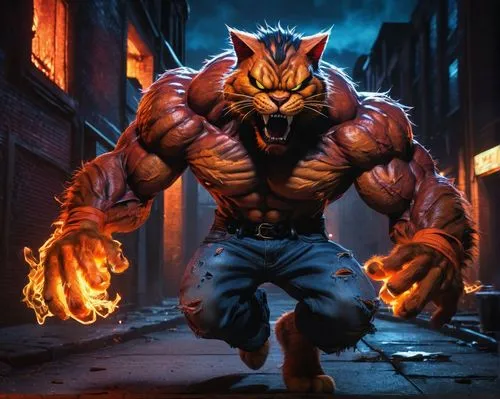 Demonic Garfield, male, muscular, orange fur, demonic eyes, sharp teeth, claws, ripped black shirt, torn blue jeans, street fighter pose, dark alleyway, cityscape at night, dim red lighting, bold comp