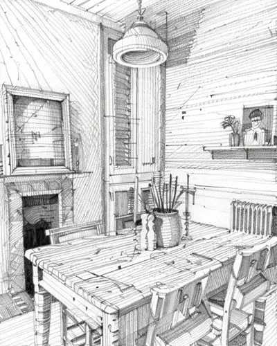 a sketch of a table and chairs in a kitchen,victorian kitchen,kitchen,inglenook,the kitchen,kitchen interior,vintage kitchen,Design Sketch,Design Sketch,Hand-drawn Line Art