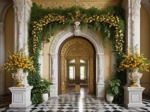 floral decorations,golden wreath,floral decoration,highclere castle,entrance hall,entryway,entryways,entranceway,cochere,archways,door wreath,enfilade,hallway,foyer,doorways,entranceways,floral arrangement,cliveden,house entrance,rosecliff,Photography,Documentary Photography,Documentary Photography 07