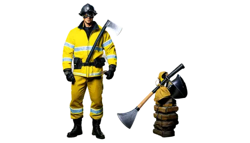 muscular man, fireman, helmet, mask, goggles, yellow jacket, reflective strips, heavy boots, holding axe, standing heroically, strong posture, dramatic lighting, smoke in background, 3/4 composition, 