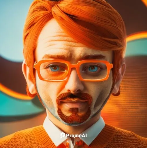 46 year old men, French aristocrat, ginger beard, ginger hair, fine wool turquoise sweater, light orange rimmed eyeglasse,cartoon doctor,3d man,tracer,professor,world digital painting,portrait backgro