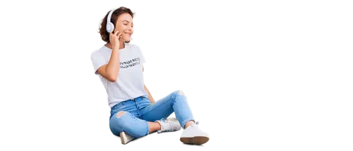 Headphones, girl, young adult, casual outfit, ripped jeans, white graphic t-shirt, messy bob hair, bright smile, relaxed posture, leaning back, eyes closed, enjoying music, free podcasts, music notes,