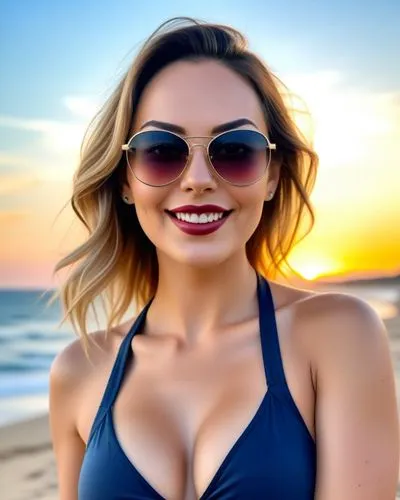 a woman wearing a blue bikini in front of the ocean,beach background,sunglasses,sun glasses,summer background,tamarama,malibu