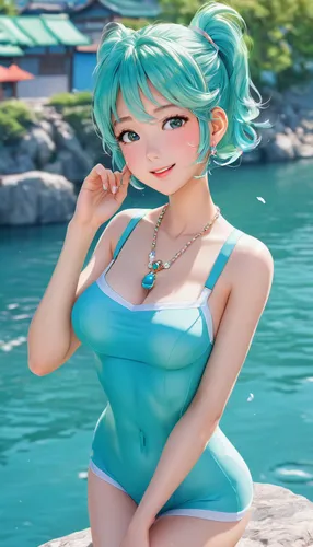 miku,marina,aqua,one-piece swimsuit,hatsune miku,portofino,cyan,summer swimsuit,kotobukiya,sanya,emerald sea,swimsuit,turquoise,teal blue asia,emerald,kinara,beach background,teal digital background,summer background,tamarama,Illustration,Japanese style,Japanese Style 01