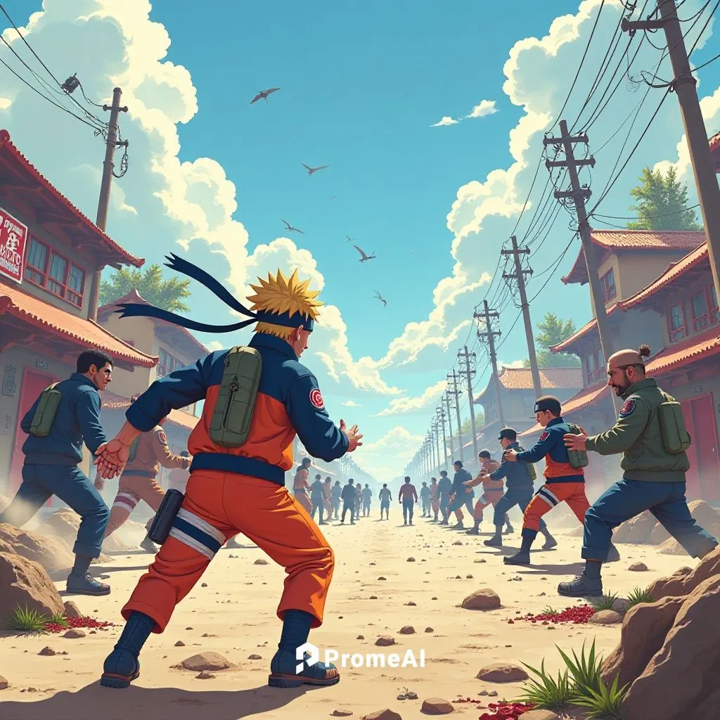 naruto characters fighting a massive battle, 16k image, facing enemy, day time ,the cartoon characters have to fight against each other in front of their respective neighborhood,naruto,boruto,minato,m