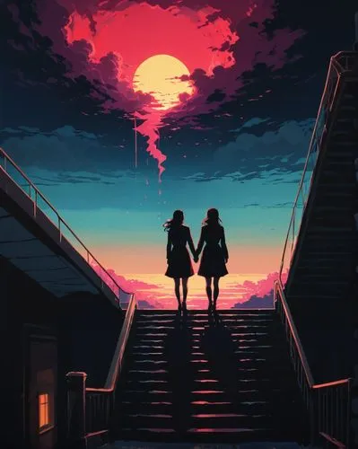 couple silhouette,monogatari,romantic night,beautiful wallpaper,dusk background,dusk,silhouette art,evening atmosphere,soir,twilight,romantic scene,escapism,pixel art,would a background,atmosphere,reminiscence,wlw,two girls,silhouettes,distant,Conceptual Art,Fantasy,Fantasy 32