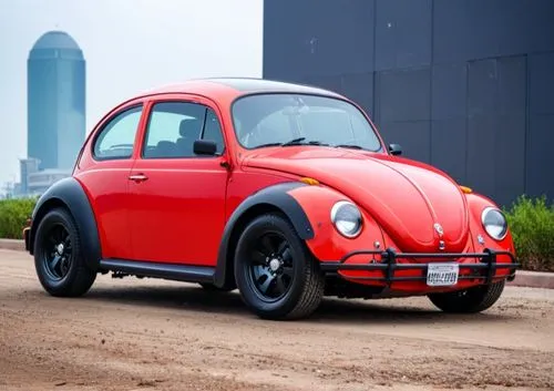 VW Beetle California style, bright red metallic, tinted windows, with large rims, tires and fenders, a large F1-style rear spoiler, matte black bumpers,a red volkswagen beetle parked in front of a lar