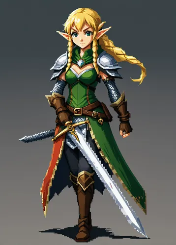 link,swordswoman,female warrior,sword lily,fantasy warrior,wind warrior,alm,elza,king sword,male elf,elf,sword,pixel art,scabbard,kayano,tiki,long ahriger clover,caerula,mara,dragon slayer,Illustration,Japanese style,Japanese Style 05