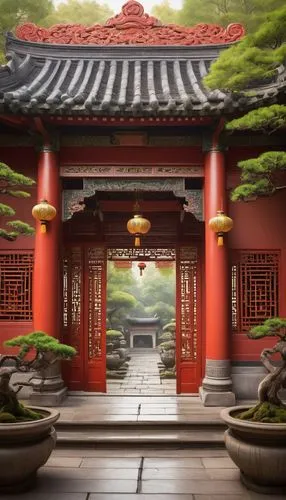 Traditional Chinese architecture, Lumen-inspired design, grandiose entrance gate, upturned eaves, intricate carvings, vibrant vermilion walls, golden ornaments, lantern-style streetlights, majestic pi