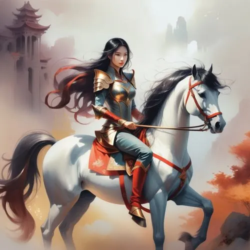 the beautiful female hero in shinning armor sit on the strong horse , the hero's long dark hair are spreading , behind hers is the forest of darkness that have no light , stuck in the rain,Female Knig