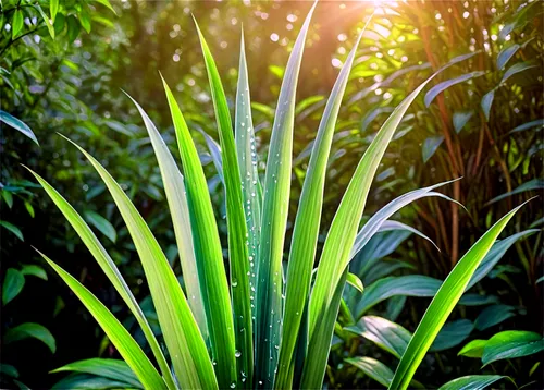 Tall cane, green leaves, thick stem, node patterns, natural texture, morning dew, soft sunlight filtering through leaves, 3/4 composition, shallow depth of field, warm color tone, cinematic lighting.,