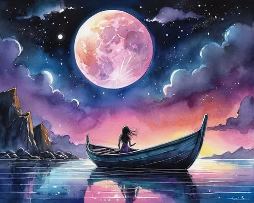 fantasy picture,purple moon,adrift,dreamscapes,dreamtime,boat landscape,seadrift,sea night,sailing blue purple,moonlit night,fantasy art,herfstanemoon,dreamscape,moon and star background,blue moon rose,violinist violinist of the moon,the night sky,moonlight,fantasy landscape,voyage,Illustration,American Style,American Style 13