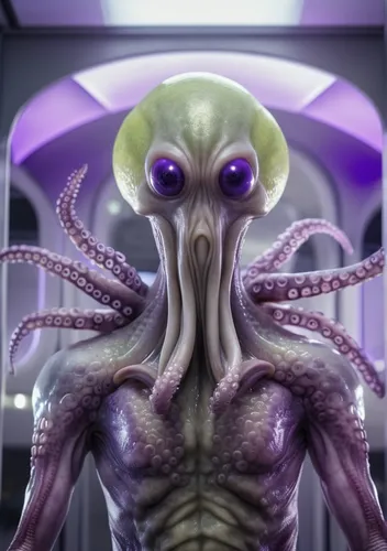 octopus alien, with tentacles on his back, pear shaped face,grey with purple tones,bright white spaceship background,calamari,alien,extraterrestrial,extraterrestrial life,aliens,cephalopod,octopus,ali