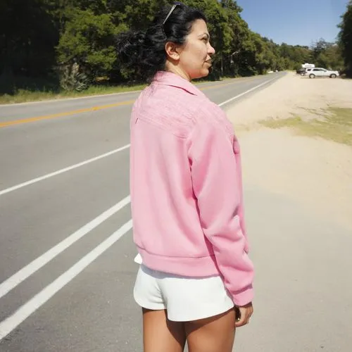 sweatshirt,pullovers,jinglei,hyori,tanasugarn,female runner,roadside,sweatshirts,pullover,fleece,badwater,baby pink,fleeces,sportsgirl,windbreaker,crewcuts,woman walking,crewneck,highway 1,pink car