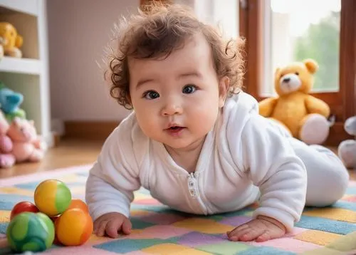 baby, 1-2 years old, chubby cheeks, bright curious eyes, soft curly brown hair, gentle smile, innocent expression, tender skin, white onesie with cute cartoon patterns, sitting on a colorful mat, play