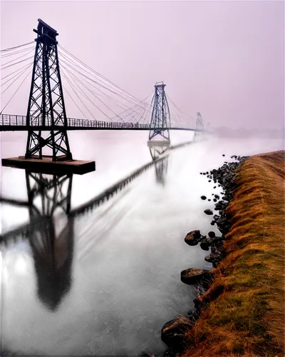 Truss bridge, iron structure, industrial design, rivets details, steel beams, diagonal supports, suspension cables, stone foundation, river crossing, morning fog, soft misty light, 3/4 composition, lo