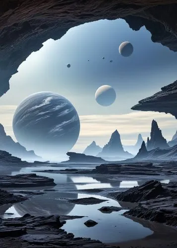 Scene: alien planet,some rocks water rocks and planets by some water,alien planet,alien world,ice planet,futuristic landscape,extrasolar,gliese