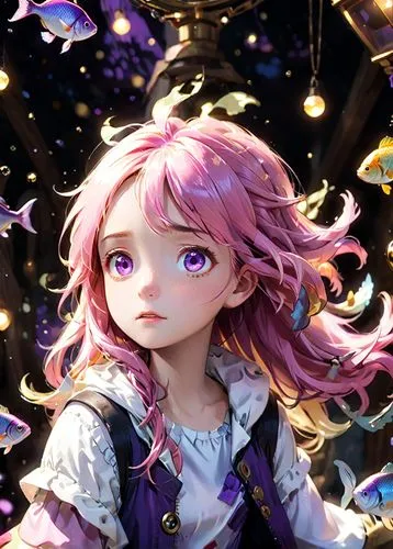 a young woman, purple eyes, long pink  hair, sad, golden and white clothes. fish symbol,   ,a character from the anime is surrounded by fish,satori,komuna,fairy galaxy,starcatchers,nanami,alpana,fairi