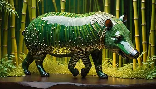 tiffany glass art tapir in bamboo forest, gold green white and pearls,an animal statue is posed in a bamboo field,okapi,painted horse,okapis,straw animal,babirusa,electric donkey,zebu,forest animal,ta