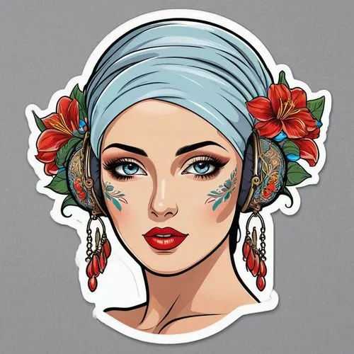 headscarf,fashion vector,boho art,shower cap,turban,retro 1950's clip art,retro pin up girl,pinterest icon,watercolor pin up,rose flower illustration,watercolor women accessory,pin up girl,vector illustration,christmas pin up girl,gypsy soul,headdress,pop art style,clipart sticker,pin-up girl,rockabella,Unique,Design,Sticker