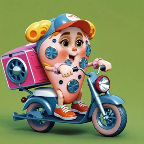 an art work of a cartoon character on a motorcycle,kewpie doll,kewpie,tricycle,tricycles,kewpie dolls,motorbike,Photography,General,Realistic