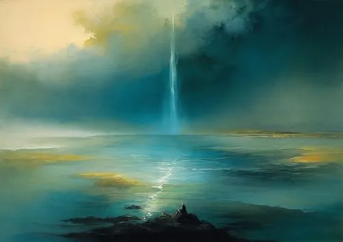 skogafoss,aivazovsky,siggeir,jet d'eau,samuil,seljalandsfoss,dubbeldam,fjord,mcnaught,oceano,balke,eckankar,the pillar of light,bischoff,kandor,oil on canvas,oxenhorn,atmosfera,senja,virga,Illustration,Realistic Fantasy,Realistic Fantasy 16