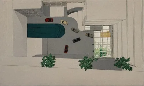 this is an aerial view of a building with the front door opened,magritte,chirico,studio ghibli,camera illustration,paolozzi,nevelson,Illustration,Realistic Fantasy,Realistic Fantasy 07