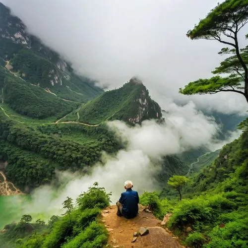 中岁颇好道，晚家南山陲。
兴来每独往，胜事空自知。
行到水穷处，坐看云起时。
偶然值林叟，谈笑无还期。
中年以后存有较浓的好道之心，直到晚年才安家于终南山边陲。
兴趣浓时常常独来独往去游玩，有快乐的事自我欣赏自我陶醉。
间或走到水的尽头去寻求源流，间或坐看上升的云雾千变万化。
偶然在林间遇见个把乡村父老，偶与他谈笑聊天每每忘了还家。,an elderly man sits on a mountai