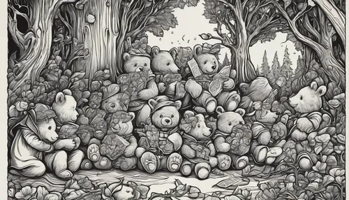 cartoon forest,charcoal nest,hatching,rabbits,gnomes,rabbit family,mushroom landscape,forest mushrooms,easter rabbits,fairy forest,bunnies,elven forest,druids,rabbits and hares,many teat mice,woodland animals,chestnut forest,druid grove,tree grove,hand-drawn illustration,Illustration,Black and White,Black and White 01