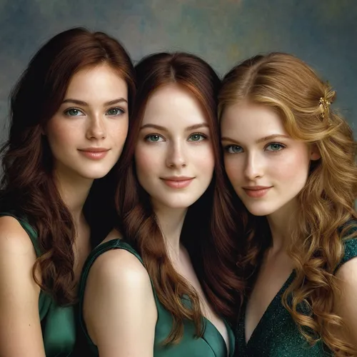 celtic woman,redheads,beautiful photo girls,the three graces,triplet lily,young women,pretty women,trio,three flowers,ginger family,beautiful women,four seasons,pretty girls,irish,porcelain dolls,three friends,mulberry family,birch family,oil painting on canvas,natural beauties,Illustration,Realistic Fantasy,Realistic Fantasy 16