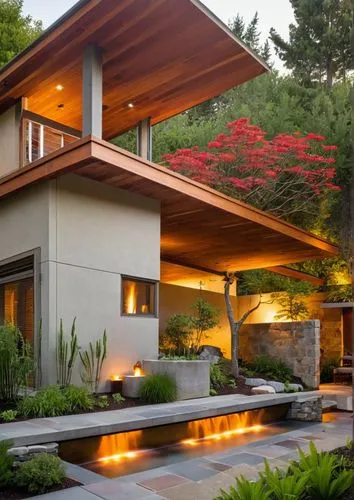 Modern, tropical, palms, lounge, sofa, water feature, wood accents, tree, red, yellow ,mid century house,modern house,mid century modern,modern architecture,beautiful home,corten steel,roof landscape,