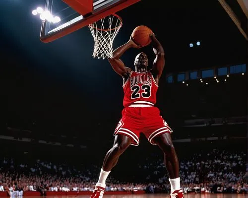 Michael Jordan, basketball legend, athletic build, wearing iconic Jordan 4 sneakers, red and black color scheme, detailed laces, white socks, sporty shorts, confident facial expression, intense gaze, 