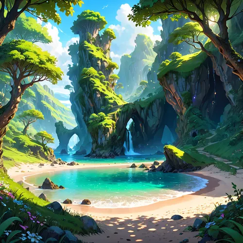 fantasy landscape,monkey island,druid grove,cartoon video game background,landscape background,underwater oasis,an island far away landscape,forest landscape,tropical island,mountain beach,fairy forest,forest background,forest glade,backgrounds,tropical jungle,beach landscape,dream beach,nature landscape,islands,tropical beach,Anime,Anime,General