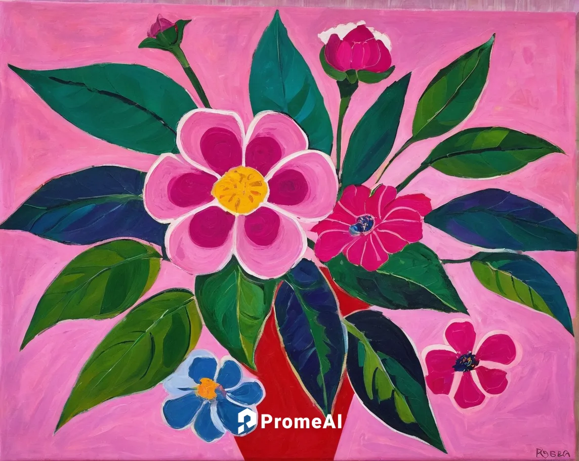 Describe the vibrant pink color of the ip￪-rosa flowers in a joyful painting.,frangipani,flower painting,floral rangoli,pink plumeria,mandevilla,floral composition,khokhloma painting,fuchsia,plumeria,