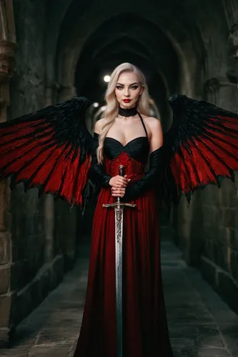 Demon standing in a dark and evil medieval castle corridor, best quality, realistic, highly detailed, mysterious, wearing a dark red dress, realistic proportion, at night, sharp focus, dark aura, larg