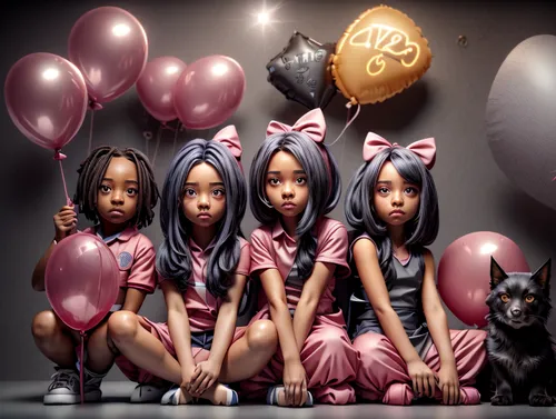 Holding balloons  and smiling 
,pink balloons,little girl with balloons,little girls,dolls,afro american girls,baloons,fashion dolls,valentine balloons,children girls,balloons,happy birthday balloons,