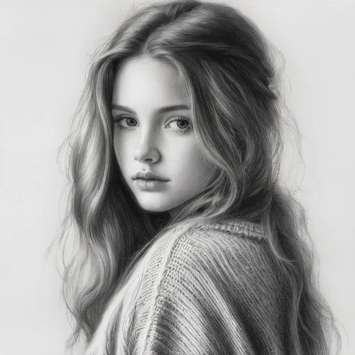 女孩，毛衣，白色背景，长发,a woman's face in pencil on white paper,girl drawing,moretz,girl portrait,hermione,charcoal pencil,liesel,Illustration,Black and White,Black and White 35