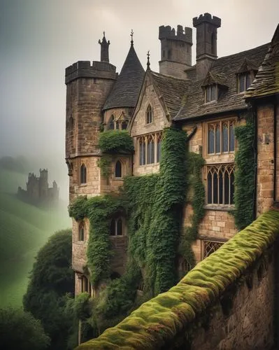 Ancient English architecture, medieval castle, stone walls, Gothic windows, ivy-covered towers, grand halls, wooden beams, stained glass, intricate carvings, moss-covered roofs, misty morning, foggy a